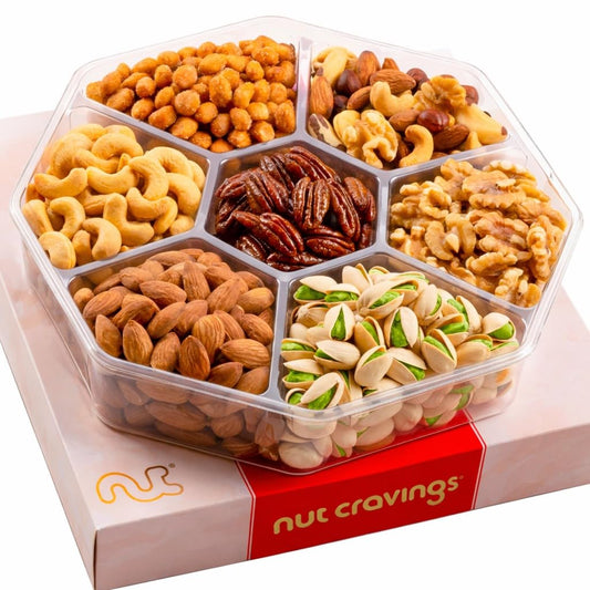 NUT CRAVINGS - Fathers Day Treats, Gift For Dad, Mixed Nuts Gift Basket in Red Gold Box (7 Assortments, 1 LB) Treats for Adults, Food Arrangement, Healthy Snack Care Package, Kosher