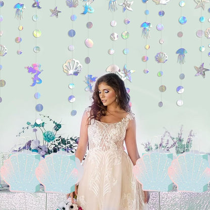 12 Pcs DIY Mermaid Them Party Favor Bags with Holographic Sea Shell Shaped Paper Cards for Under the Sea Ocean Mermaid Theme Birthday Party Supplies