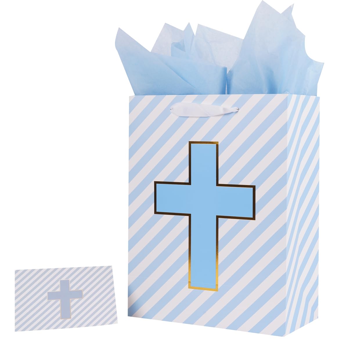 Lyforpyton13"Blue Cross Baptismal Gift Bag with Tissue Paper and Card, Suitable for Baptism, First Communion in Religion
