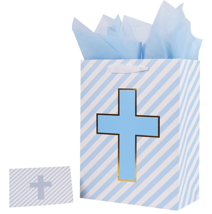 Lyforpyton13"Blue Cross Baptismal Gift Bag with Tissue Paper and Card, Suitable for Baptism, First Communion in Religion