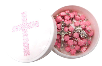 Westmon Works First Communion Rosary Set for Girls with Pink Rose Shaped Bead Case and Holy Card