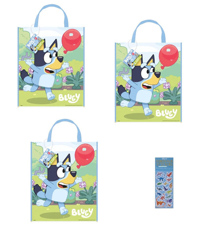 Unique Bluey Birthday Party Supplies Bundle includes 3 Large Plastic Party Favor Tote Bags 13" x 11" and 1 Dinosaur Sticker Sheet