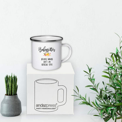 Andaz Press 11oz. Stainless Steel Campfire Coffee Mug Gift, Babysitter Because Badass Isn't an Official Title, Floral, 1-Pack, Enamel Metal Camping Camp Cup Christmas Birthday Present Ideas