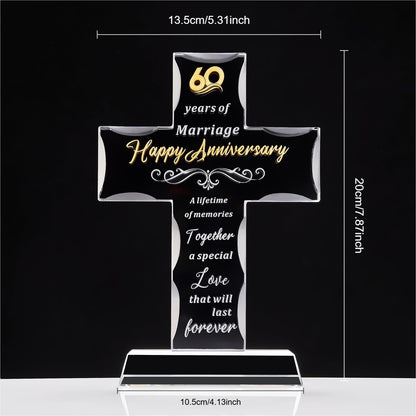 XLSJGYP Happy 60th Wedding Anniversary for Couple Glass Cross Gifts for Wife or Husband 60 years Perfect for her womem Home Decoration (60 years of marriage)