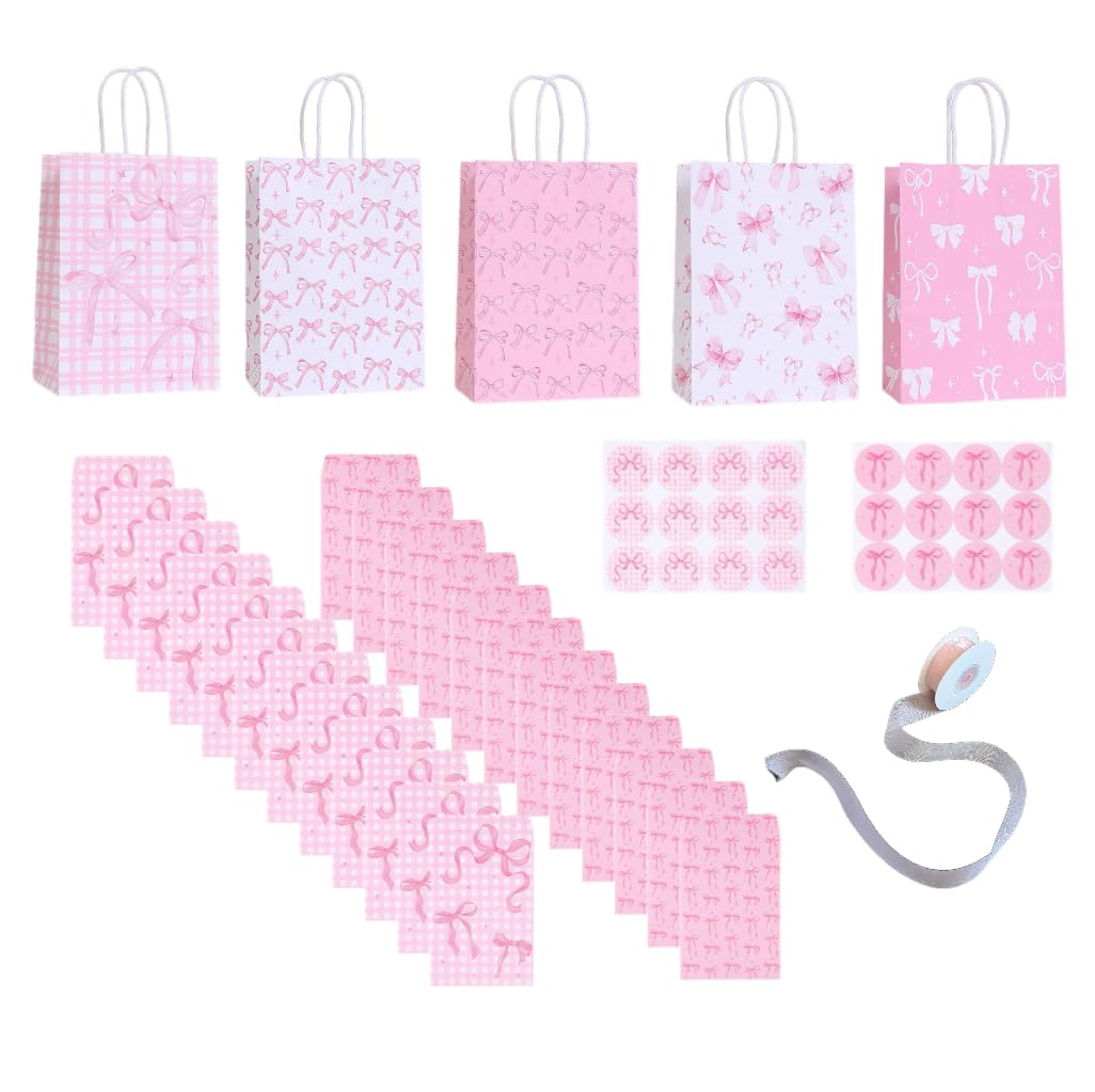 10 Pcs Pink Ribbon Bow Gift Bags with Handles, Gift Bags with Ribbons, 24 Envelopes, 2 Sticker Sheets & 1 Ribbon Roll for Coquette-Style Birthday Party Favors, Baby Shower, Wedding, Girls Tea Party, Cute Pink Goodie Bag Bulk for Treats and Gifts