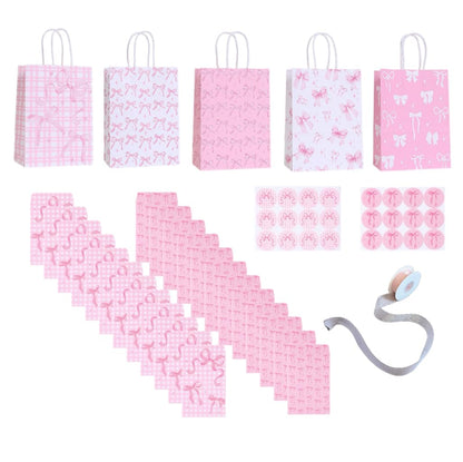 10 Pcs Pink Ribbon Bow Gift Bags with Handles, Gift Bags with Ribbons, 24 Envelopes, 2 Sticker Sheets & 1 Ribbon Roll for Coquette-Style Birthday Party Favors, Baby Shower, Wedding, Girls Tea Party, Cute Pink Goodie Bag Bulk for Treats and Gifts