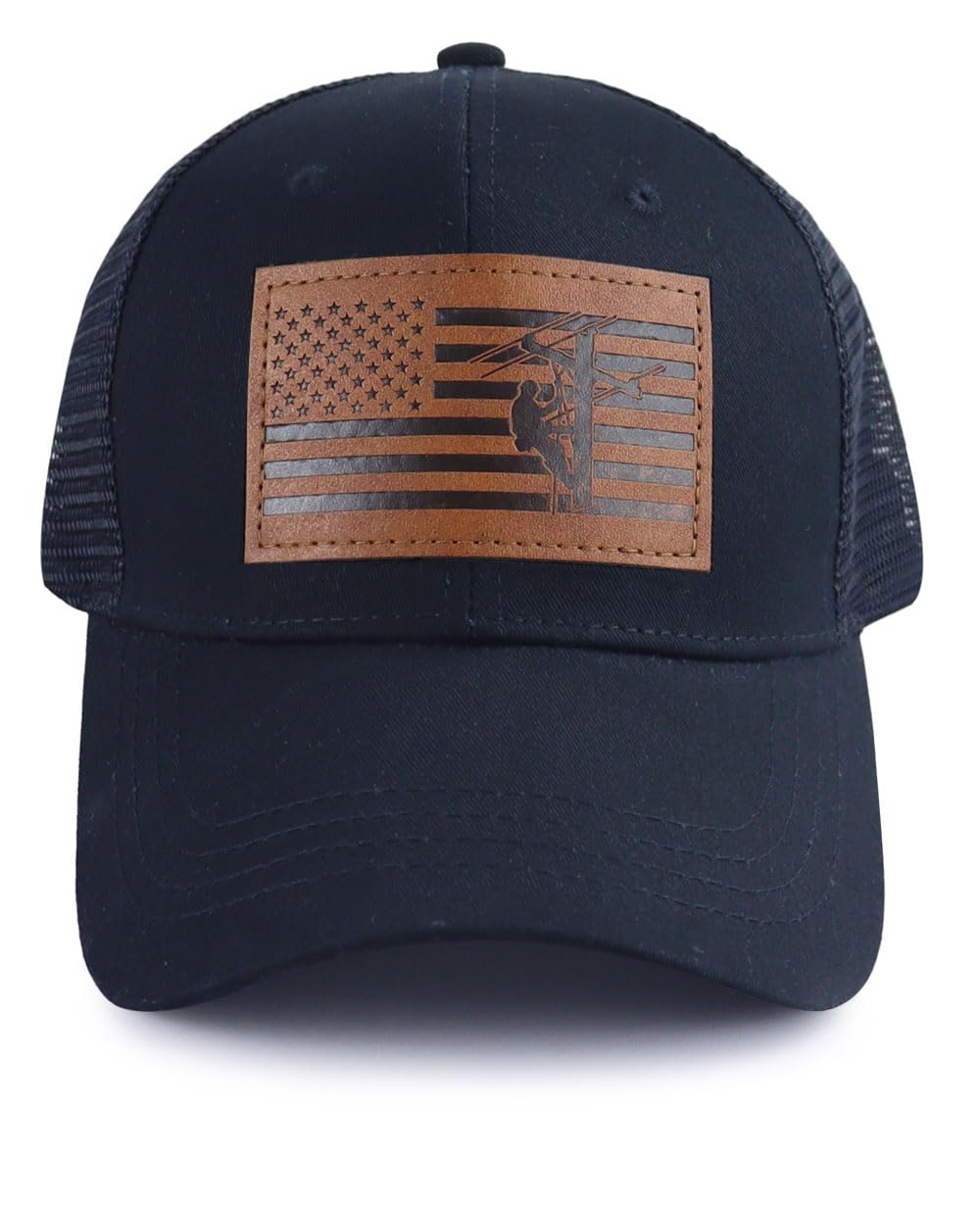 American Flag with Lineman Hats for Men, Adjustable Leather Patch Electrician Baseball Cap