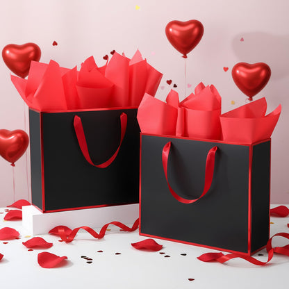 ReliThick 12 Pack Metallic Paper Gift Bag with Handles and Tissue Paper 11.8 x 10 x 4'' Thank You Favor Bag for Graduation Mother's Day Wedding Bridesmaid Groomsman 5 Senses Gifts (Black,Red)