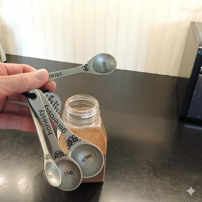 Amazing Woman Measuring Spoon Set, Decorative Gifts and Kitchen Accessories, 4 Spoons, Engraved Pewter and Silver Enamel, By Abbey & CA Gift