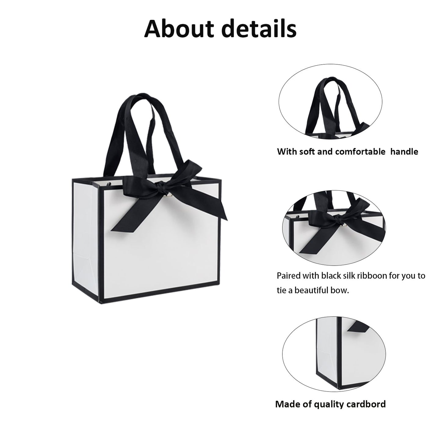 TKSBAG 50 PCS Small White Black Gift Bags with Handles, 6.4×3.1×5.1 Inch Thank You Bags with Bow Ribbon for Baby Shower, Bridal Shower, Wedding, Party Favors, Mother's Day