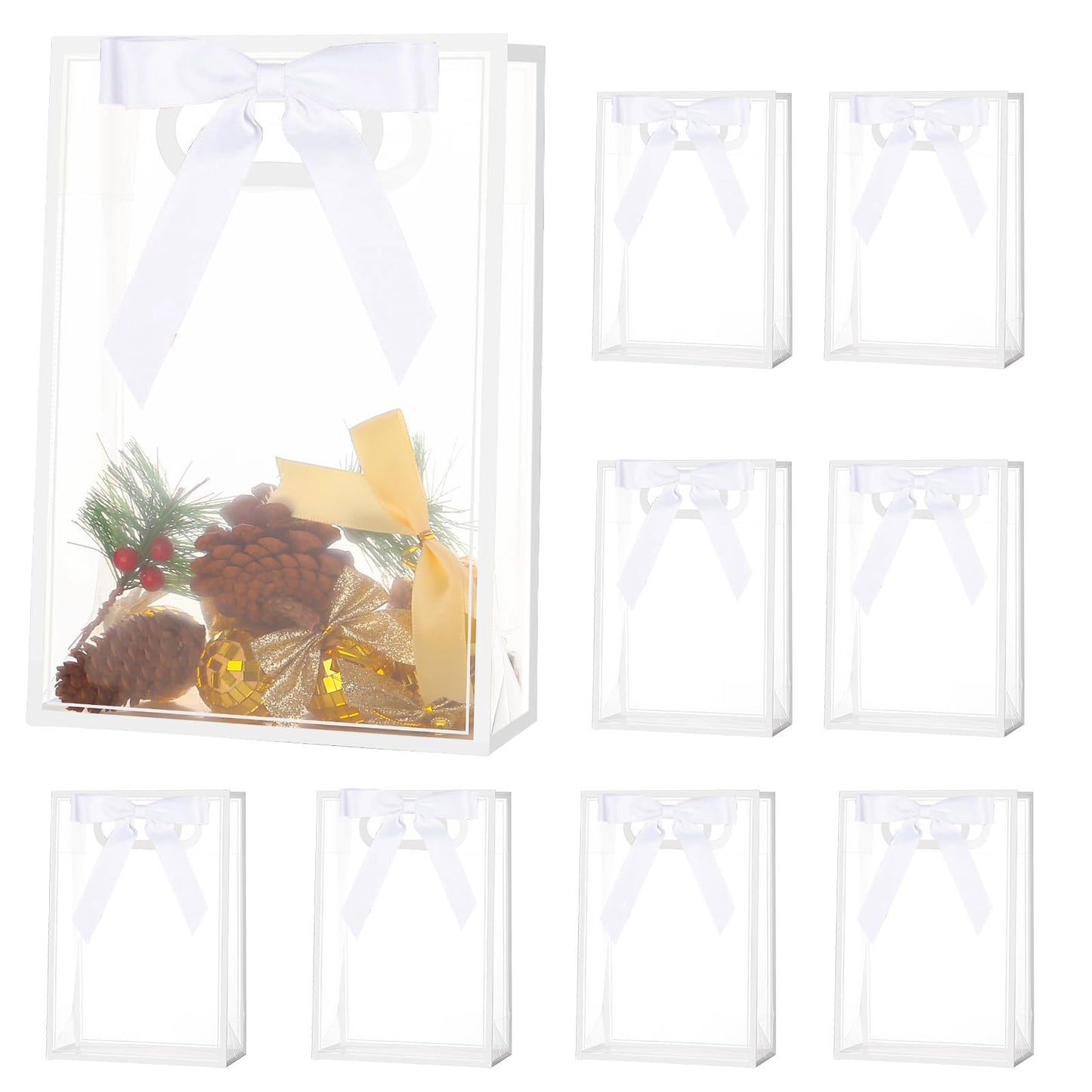 ZJHiome Clear Gift Bags with Handle, 8 PCS PVC Gift Bag with Ribbon Bow for Christmas Easter Wedding Baby Shower Birthday Party(White)
