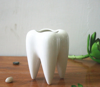 Ceramic Tooth Shaped Pen Pencil Toothbrush Holder Pot Succulent Plant Pot Home Office School Dentists Gift Ideal Gifts for Women, Mom or Birthdays