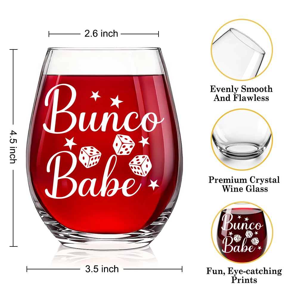 Bunco Babe Funny Stemless Wine Glass for Women, Bunco Party Supplies, Dice Game Night Group Gifts for Women Men Players Sisters Friends, Birthday Christmas Bachelor Gifts for Game Lover Coworker