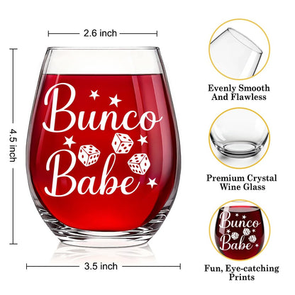 Bunco Babe Funny Stemless Wine Glass for Women, Bunco Party Supplies, Dice Game Night Group Gifts for Women Men Players Sisters Friends, Birthday Christmas Bachelor Gifts for Game Lover Coworker