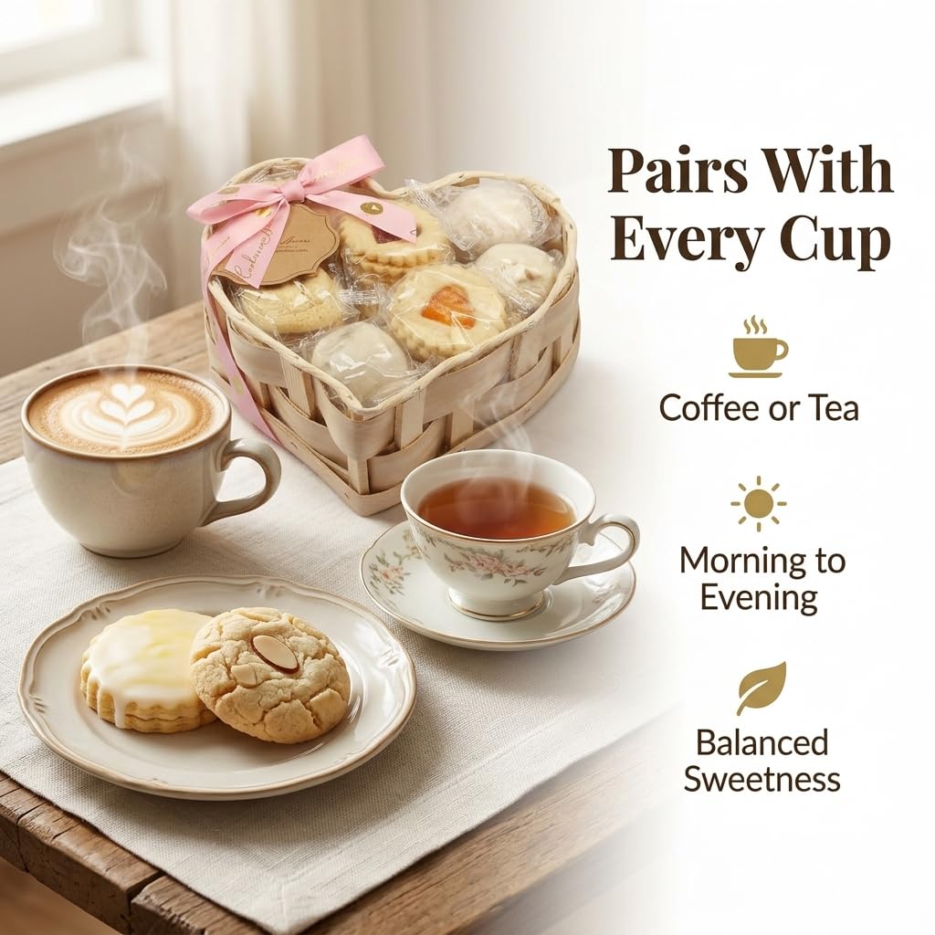 Romantic Mother's Day Cookie Gift Basket For Mom, Heart Shaped Assortment Of 5 Italian Style Flavors, Individually Wrapped 16 Ounce Bakery Treats With Coffee And Tea Pairing