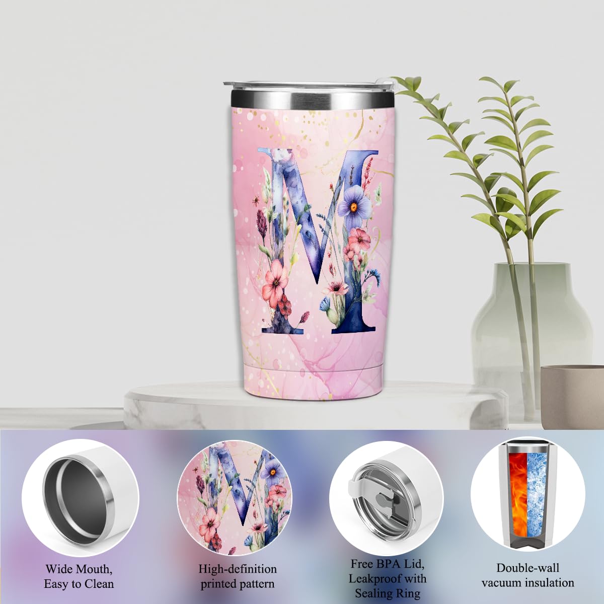 Personalized Gifts Monogrammed Birthday Gifts for Women, Her, Teacher Mother in Law Wedding Christmas Initial 20 oz Tumbler, Makeup Bag Cup Pens Journal Notebook 6 Set, (Aesthetic Pink Flower M)