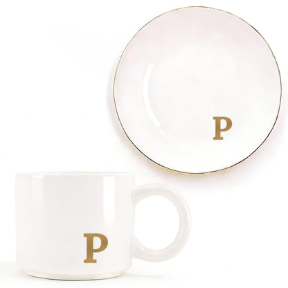 RainVibe Elegant Gift Set for Women – Personalized Monogram Ceramic Mug & Jewelry Tray – 12 oz Gold-Initial Coffee Cup with Gift Box, 4.75" Decorative Dish for Rings, Earrings, Keys (Letter P)