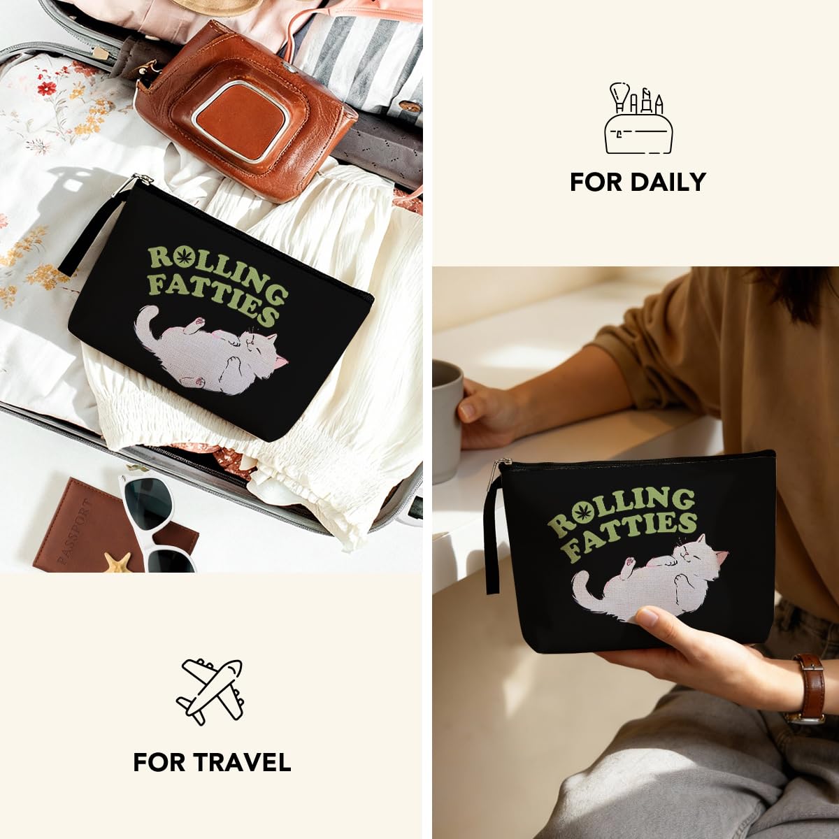 Funny Weed Gift Leaf Makeup Bag Cat Lover Gifts Cosmetic Bags for Women Nurse Cats Themed Gifts Zipper Pouch Bag Cat Lady Gift Weed Stuff Travel Toiletry Bag for Birthday Christmas