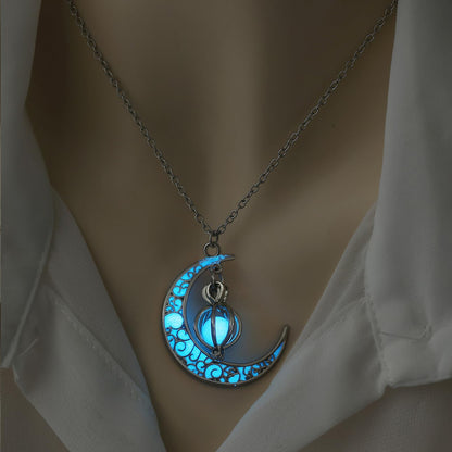 EEQQBZ Glow in The Dark Silver Crescent Moon and Orb Necklace - Glowing Blue Moon Charm - Magical Fantasy Fairy Glowing Necklace - Glow Jewelry (sky blue)