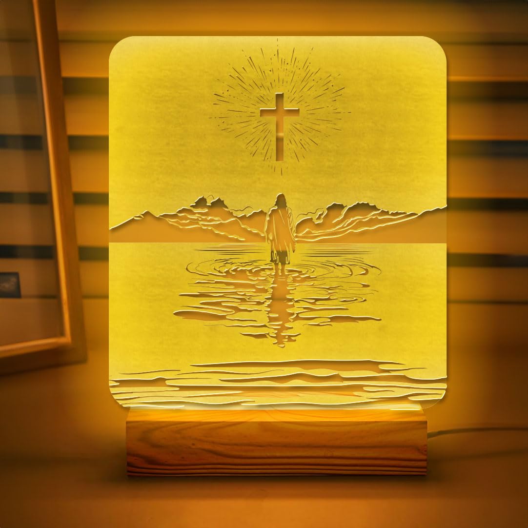 Christian Mom Gift – LED Night Light with Jesus and Cross Design – Mother's Day for Christian Mom – USB Powered Lamp – Wooden Base – Inspirational Christian Home Decor and Encouragement Gift