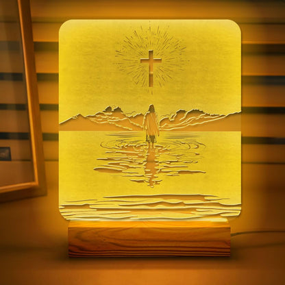 Christian Mom Gift – LED Night Light with Jesus and Cross Design – Mother's Day for Christian Mom – USB Powered Lamp – Wooden Base – Inspirational Christian Home Decor and Encouragement Gift