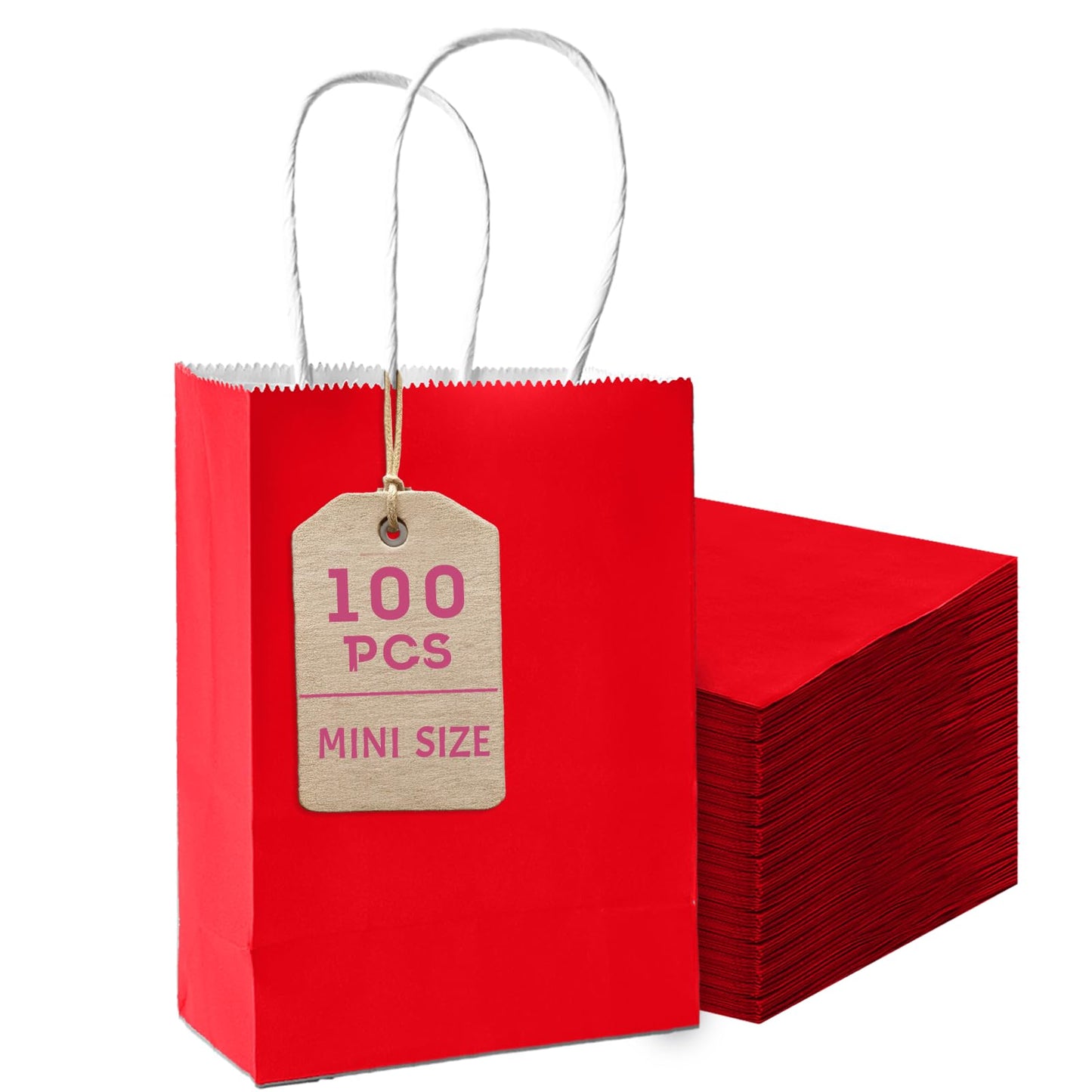 Bakepacker 100 Pcs Red Mini Paper Gift Bags with Handles 6"x4.5"x2.5" Party Favor Bags Multiple Uses (Mini size)