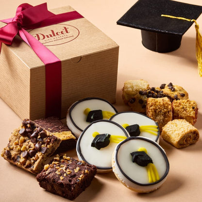 Dulcet Present Baskets Classic Graduation Present Basket -With Fudge Brownies, Flaky Rugelah, Gradation Hat Cookies- Great Graduation Present for All Ages - Him, Her, Adults, College Students
