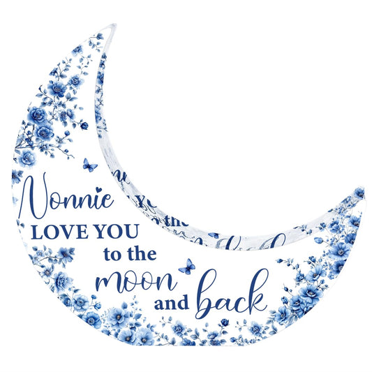 Nonnie Gifts, Mothers Day Birthday Gifts for Grandma, Moon Acrylic Desk Decorations, Retirement Appreciation Gift for Women Granny Nana, Blue Floral Acrylic Plaque for Office Bedroom Decor