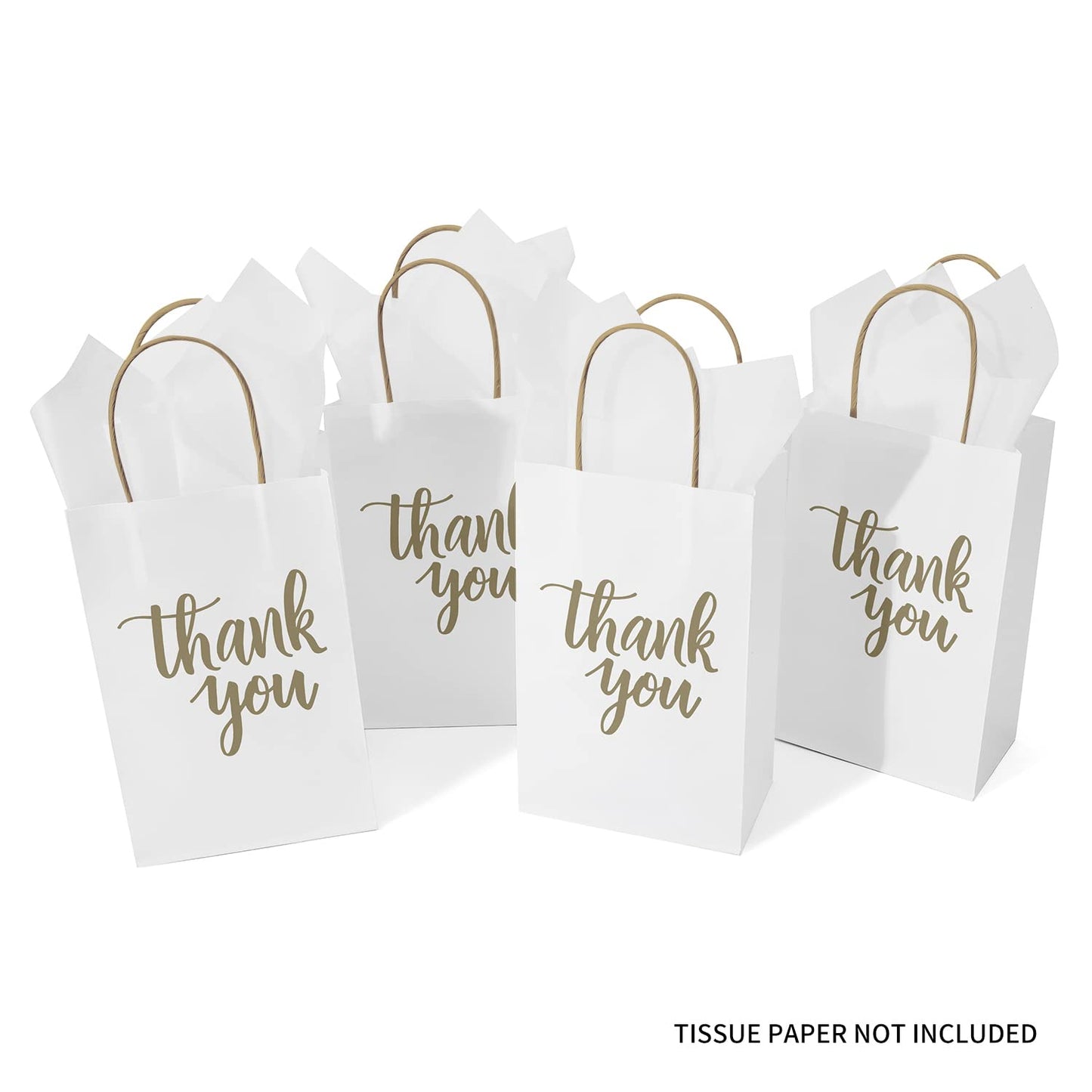 DjinnGlory 100 Pack Small Sized White Thank You Paper Kraft Gift Bags with Handles 9x5.5x3.15 Inch for Business Graduation Birthday Wedding Bridal Baby Shower Party Favors Goodies