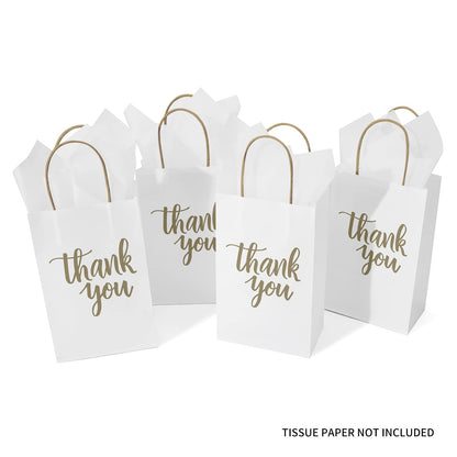DjinnGlory 100 Pack Small Sized White Thank You Paper Kraft Gift Bags with Handles 9x5.5x3.15 Inch for Business Graduation Birthday Wedding Bridal Baby Shower Party Favors Goodies