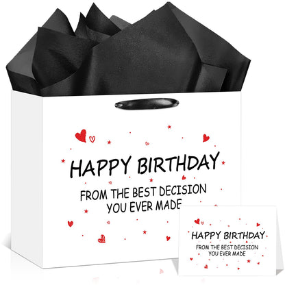 Funny Birthday Gift Bag with Tissue Paper Card From the Best Decision Gift Bags Black and White Happy Birthday Wrapping Bag for Boyfriend Girlfriend Husband Wife Couples Friends Bday Party Decorations