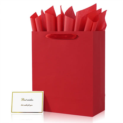Elegant Red Gift Bag 10.2"x4.7"x12.2" with Ribbon Handles, Includes Card and Tissue Papers, Perfect for Birthdays, Weddings, Parties, Holidays, Baby Shower