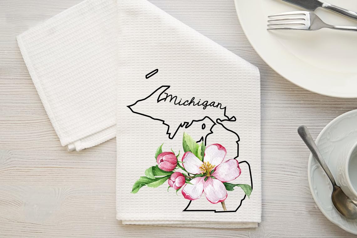 PainterDesign Michigan Kitchen Towel - Michigan Dish Towel - States Kitchen Towels - U.S. State Souvenir - Moving to Michigan Housewarming Gift - Michigan Flower Lover Gift - Michigan State Towel