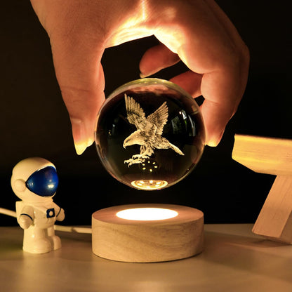 3D Laser Engraved Eagle Crystal Ball, Animal Figurine Decor Glass Sphere Lamp Night Light, Eagle Statue Gifts for Men Women Kids