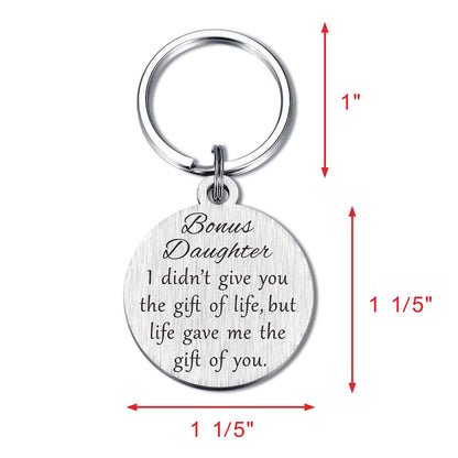 Bonus Daughter Gifts, Mothers Day Stepdaughter Keychain for Graduation Christmas Birthday, Metal Engraved