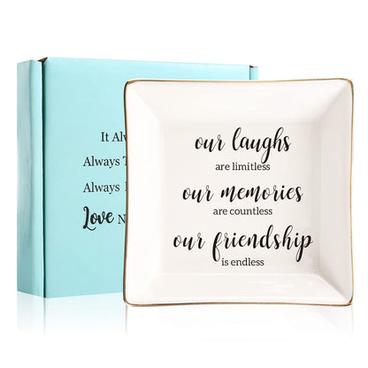 Endless Friendship Gifts Ceramic Ring Dish Jewelry Tray,Birthday Gifts For Best Friend-Our Laughs Are Limitless,Our Memories Are Countless,Our Friendship Is Endless