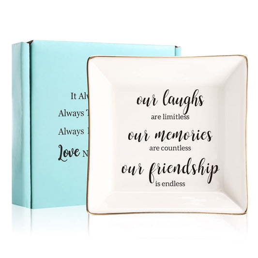 Endless Friendship Gifts Ceramic Ring Dish Jewelry Tray,Birthday Gifts For Best Friend-Our Laughs Are Limitless,Our Memories Are Countless,Our Friendship Is Endless