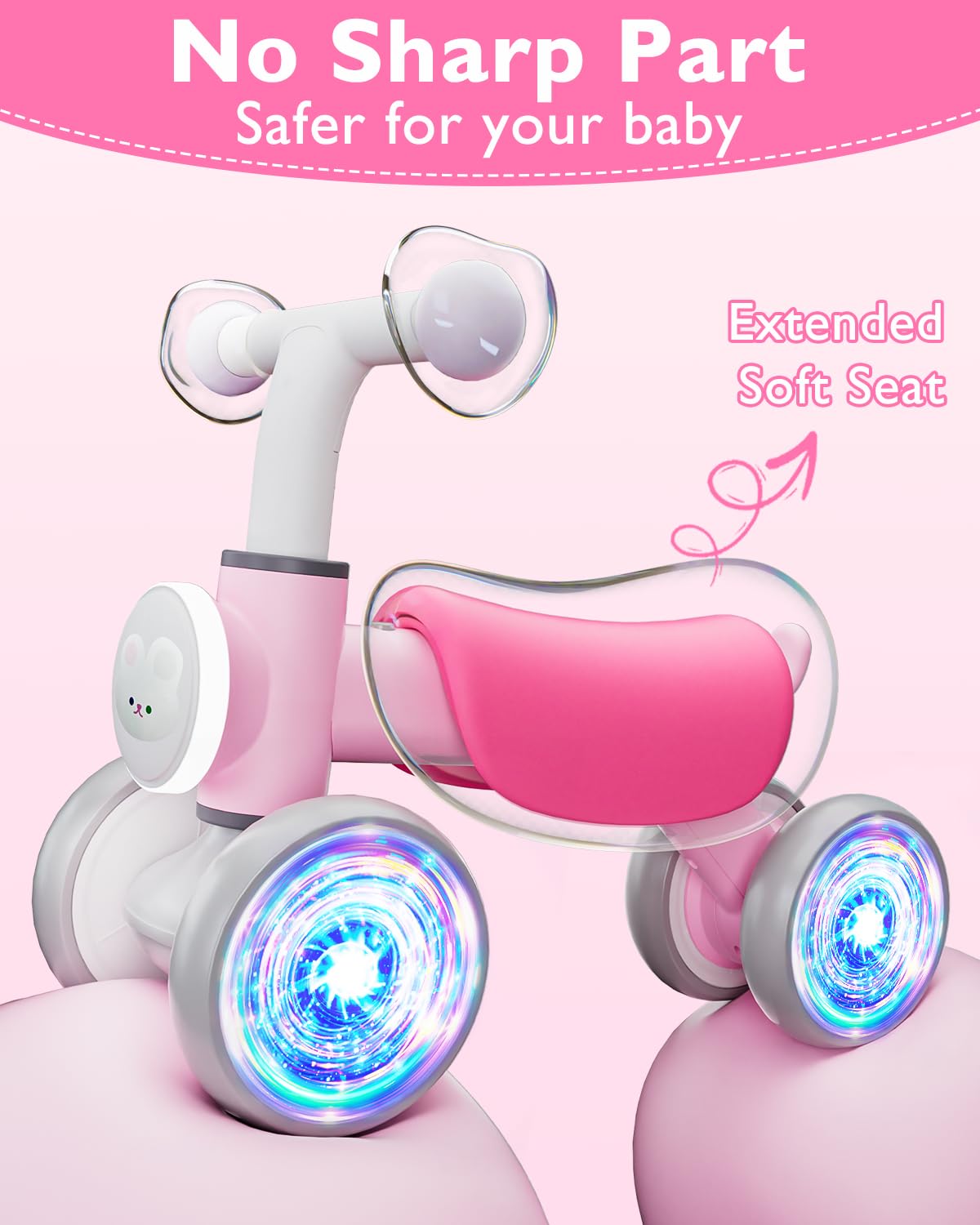 Doselie Toddler Outdoor Toys Balance Bike for 1 2 Year Old Girl Birthday Gifts,4 Wheels Colorful Lighting with Music Baby Balance Bike,Toddler Toys for 1st 2 Year Old