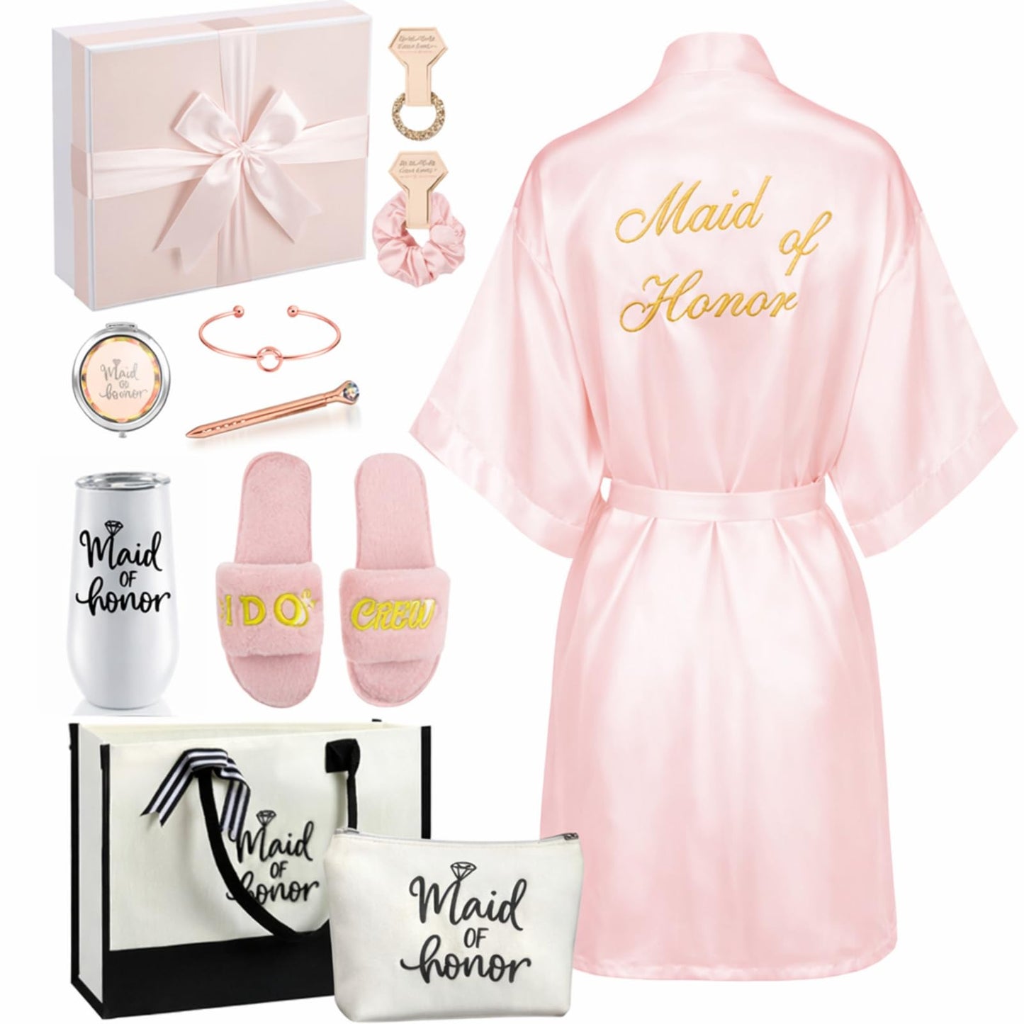 Berlune 14 Pcs Bride Gifts Box Sets Include Short Satin Robes Canvas Tote Bag Stainless Steel Glasses Slippers Wedding Gifts