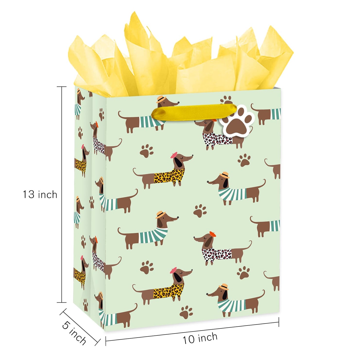 Loveinside Dachshund Gift Bag for Boys Girls, Cut Sausage Dog Dressed-Up Design with Paw Prints, Green Medium Gift Bag with Tissue Paper, Tag, Card for Birthday, Pet Party, 10" x 5" x 13", 1 Pcs