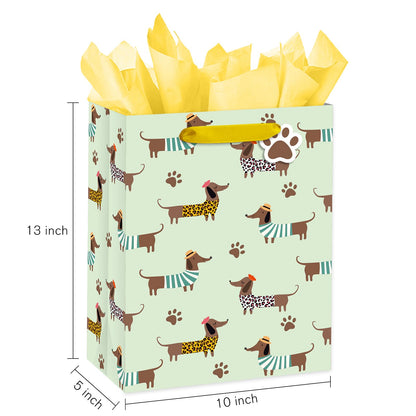 Loveinside Dachshund Gift Bag for Boys Girls, Cut Sausage Dog Dressed-Up Design with Paw Prints, Green Medium Gift Bag with Tissue Paper, Tag, Card for Birthday, Pet Party, 10" x 5" x 13", 1 Pcs