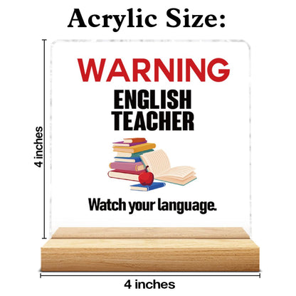 Funny English Teacher Office Decor Sign - Watch Your Language Acrylic Decorative Sign for Classroom Office - White Elephant Gag Gifts for English Teacher 4 X 4 Inch
