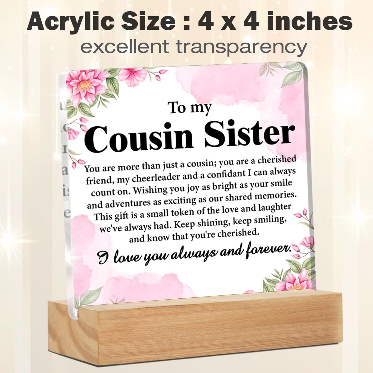 Cousin Sister Acrylic Desk Plaque Sign - Christmas & Birthday Gift for Women Cousins, 4 x 4 Inches