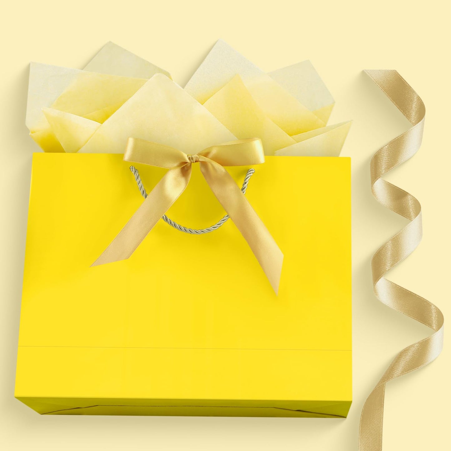 JMANNI Gift Bags with Handles, 13” Medium Gift Bag for Presents, 1 Pcs Bags with 2 Tissue Paper and 1 Cards for Baby Shower Wedding Bridal Shower Mother's Day Birthday Party (Yellow