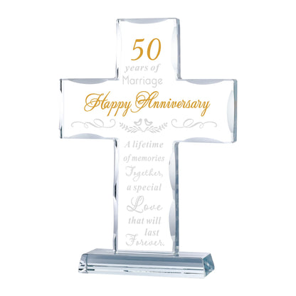 YWHL 50th Wedding Anniversary Religious Cross Gifts for Women Men, 50 Year Anniversary Romantic Gift for Him Her, Laser Engraved Glass Standing Cross Keepsake for Couple, 50 Years of Marriage Present