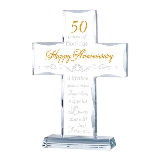 YWHL 50th Wedding Anniversary Religious Cross Gifts for Women Men, 50 Year Anniversary Romantic Gift for Him Her, Laser Engraved Glass Standing Cross Keepsake for Couple, 50 Years of Marriage Present