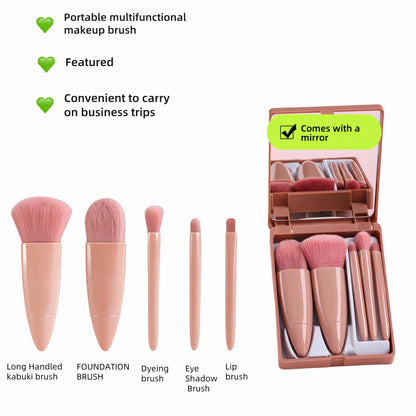 5-Piece Professional Makeup Brush Set with Mirror & Travel Case Hypoallergenic Vegan Bristles for Sensitive Skin Luxury Gift-Ready Box,Portable Cosmetic Kit for Brides,Travel,On-the-Go Touchups (Pink)