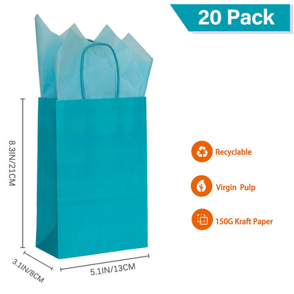 AZOWA Teal Gift Bags with Tissue Paper Small Teal Kraft Paper Bags with Handles (8.3 x 5.1 x 3.1 in, 20 Pcs)