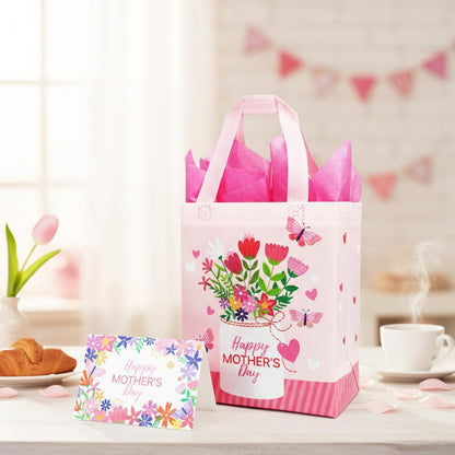 SUNCOLOR Mother's Day Gift Bags with Tissue Paper, Floral Design Non-Woven Material, 10x8x4.7 Inches, Pink and Blue, 2 Pack