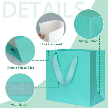 KEYYOOMY Teal Blue Gift Bags with Handles, Square Body Wide Bottom Kraft Paper Gift Bags Party Favor Bags for Wedding Birthday Christmas Shopping Business (10CT, 10x10x5 in, Teal Blue)